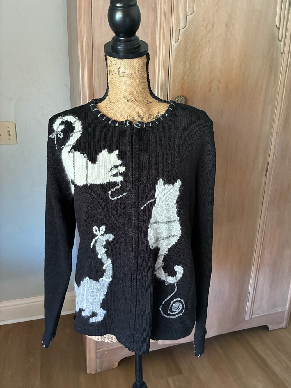 Coldwater Creek Cat Cardigan Sweater Womens XL Zip Black Ramie Wool Angora Cats